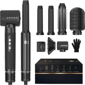 CNV 110000 RPM 1400W Hair Dryer Brush 7 in One High Speed Hot Air Brush with Diffuser Ionic Blow Dryer and 30mm Rotating Curling Iron