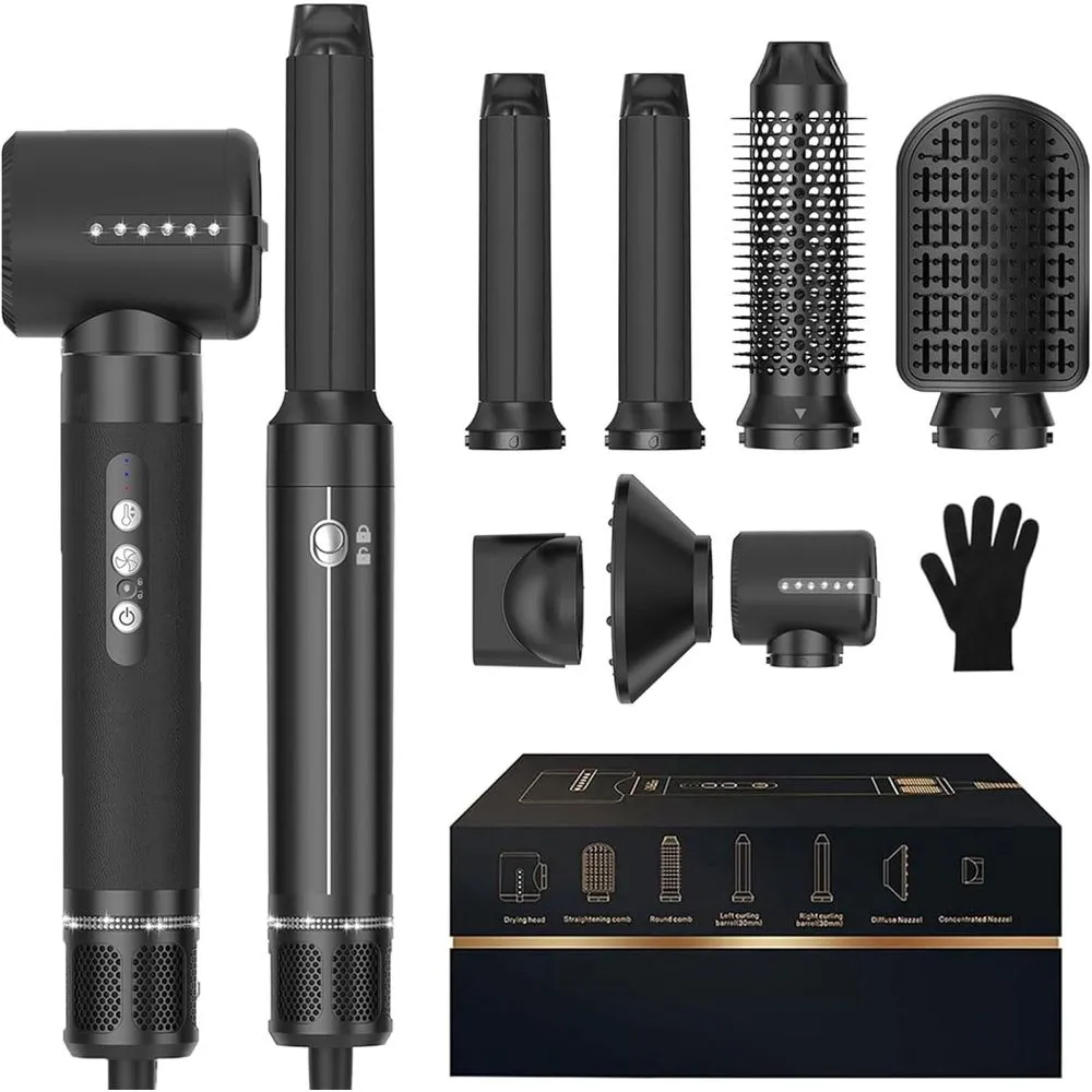 CNV 110000 RPM 1400W Hair Dryer Brush 7 in One High Speed Hot Air Brush with Diffuser Ionic Blow Dryer and 30mm Rotating Curling Iron