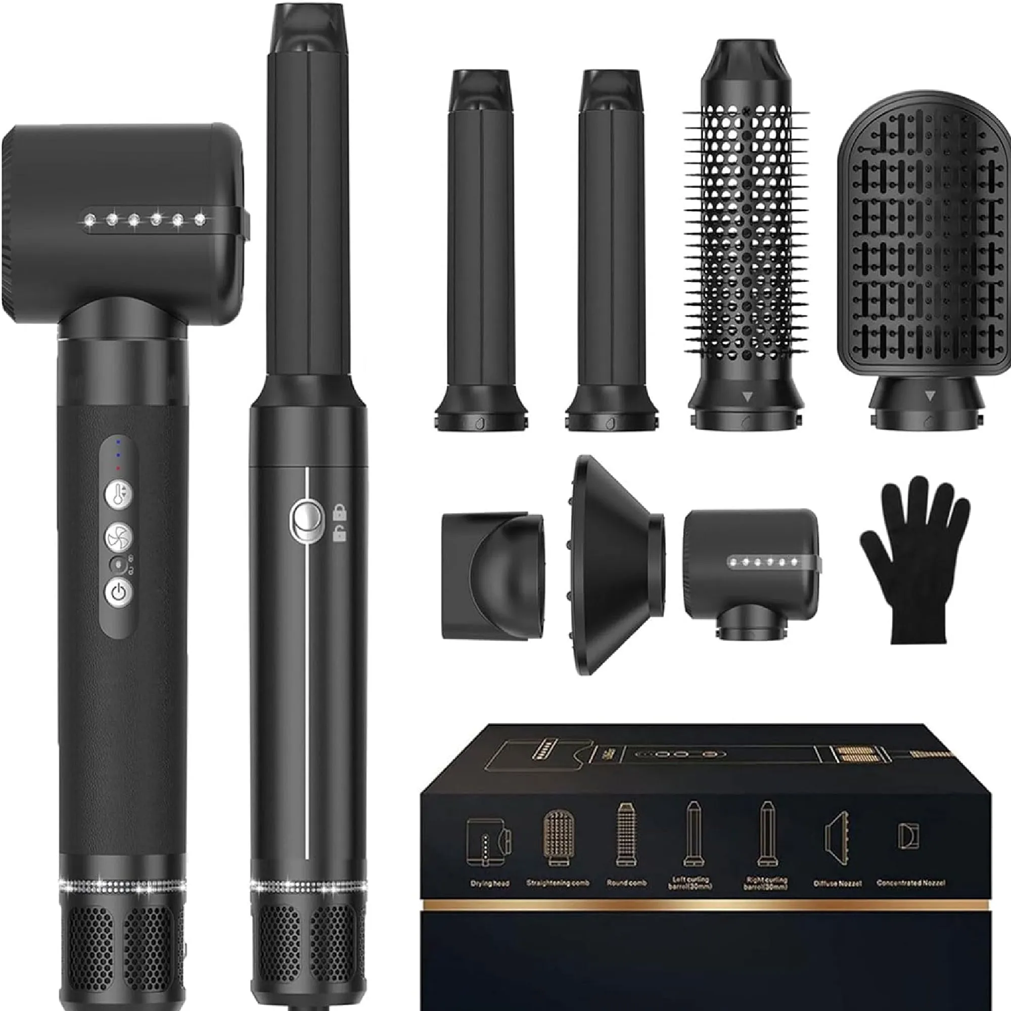 CNV 110000 RPM 1400W Hair Dryer Brush 7 in One High Speed Hot Air Brush with Diffuser Ionic Blow Dryer and 30mm Rotating Curling Iron